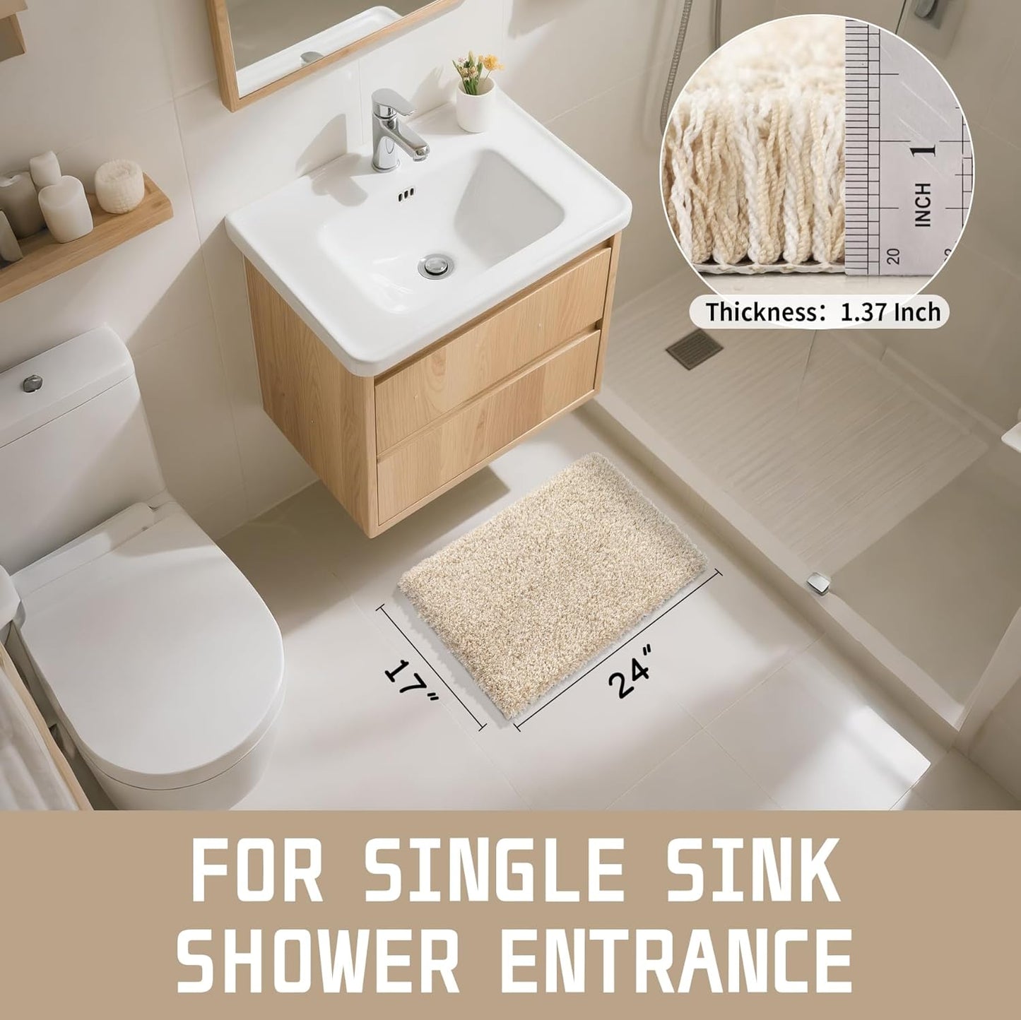 Yimobra Bathroom Rugs Non Slip Washable, Ultra Soft and Water Absorbent Bath Mats, Plush Fluffy Shower Mat Outside, Microfiber Thick Matts for Bathroom Floor/Sink, 24x17, Light Beige and White