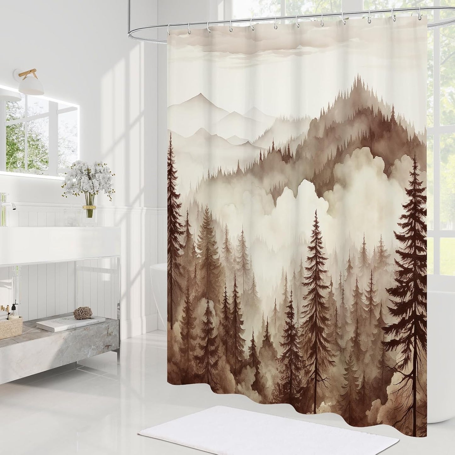 Brown Long Misty Pine Forest Shower Curtain 72 x 78, Tan Mountain Foggy Woodland Scenery Tree 78 Inch Long Shower Curtains for Bathroom, Abstract Waterproof Nature-Themed Decor
