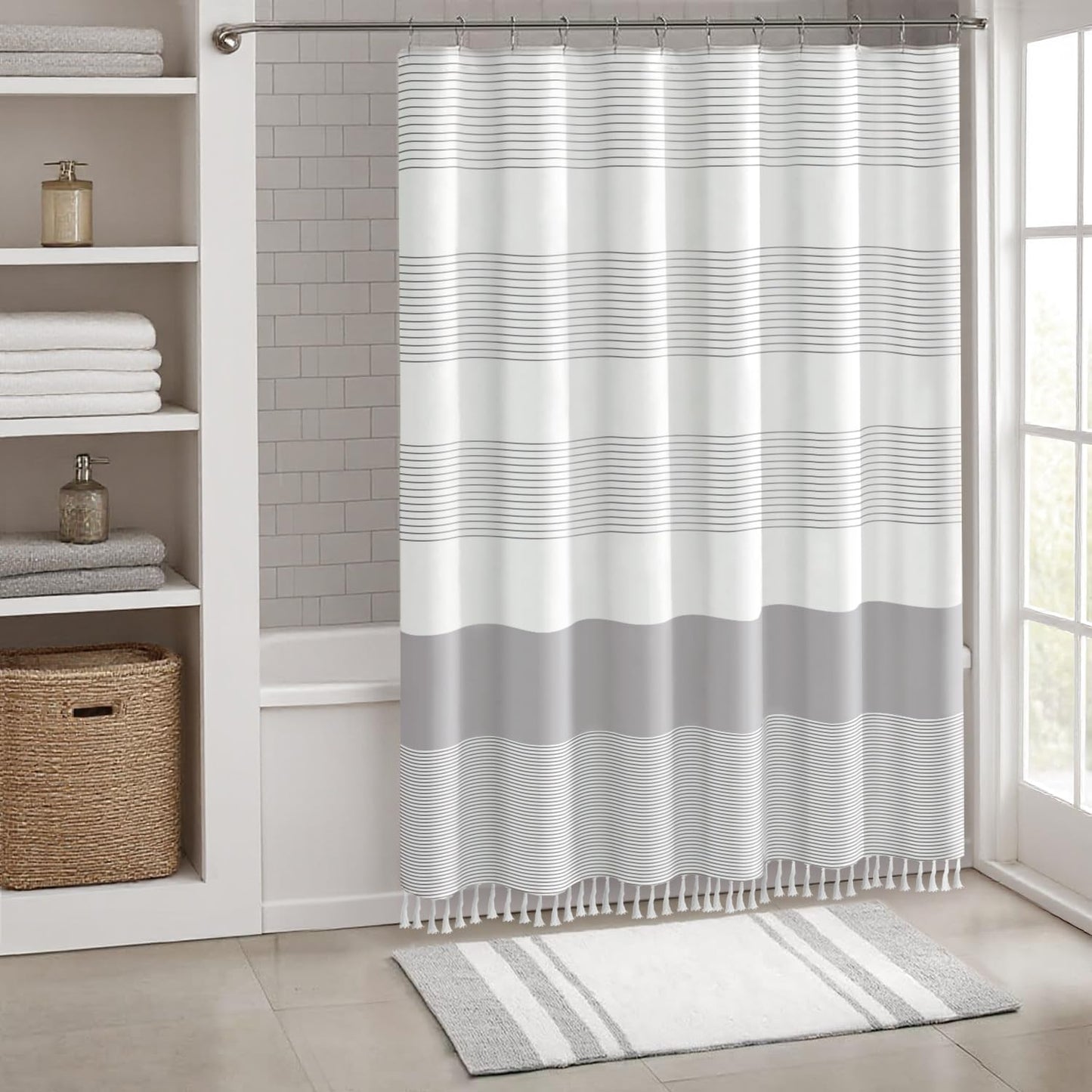 Awellife Boho Gray Shower Curtain for Bathroom Stripe Tassel Shower Curtain 72 X 72 Inches Farmhouse Cotton Grey