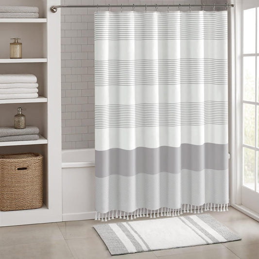 Awellife Boho Gray Shower Curtain for Bathroom Stripe Tassel Shower Curtain 72 X 72 Inches Farmhouse Cotton Grey