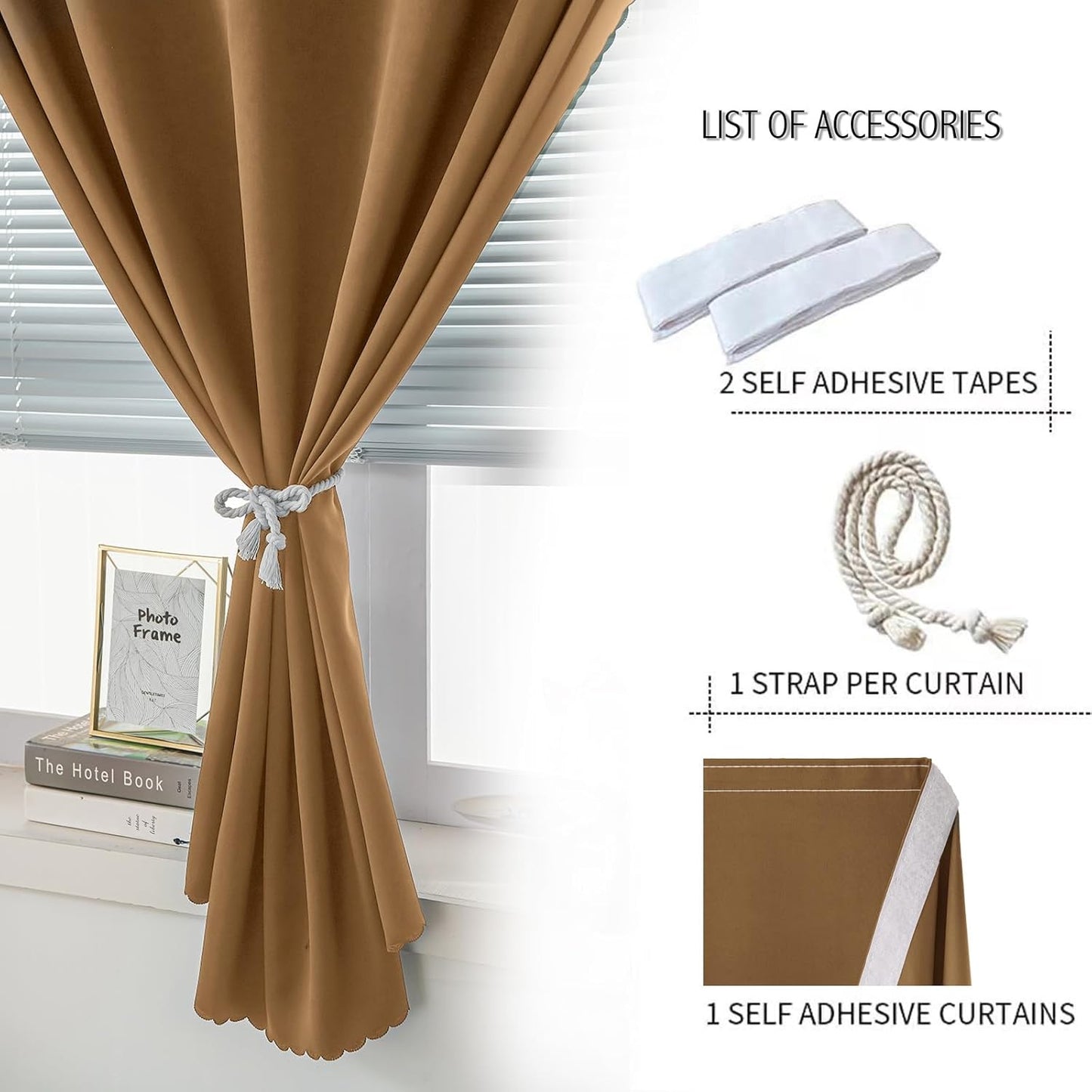 Self Adhesive Curtains, Stick Curtain Blackout Shades Window Cover Curtains for Living Room No Drilling, 47" W X 59" L, Brown, 1 Panel