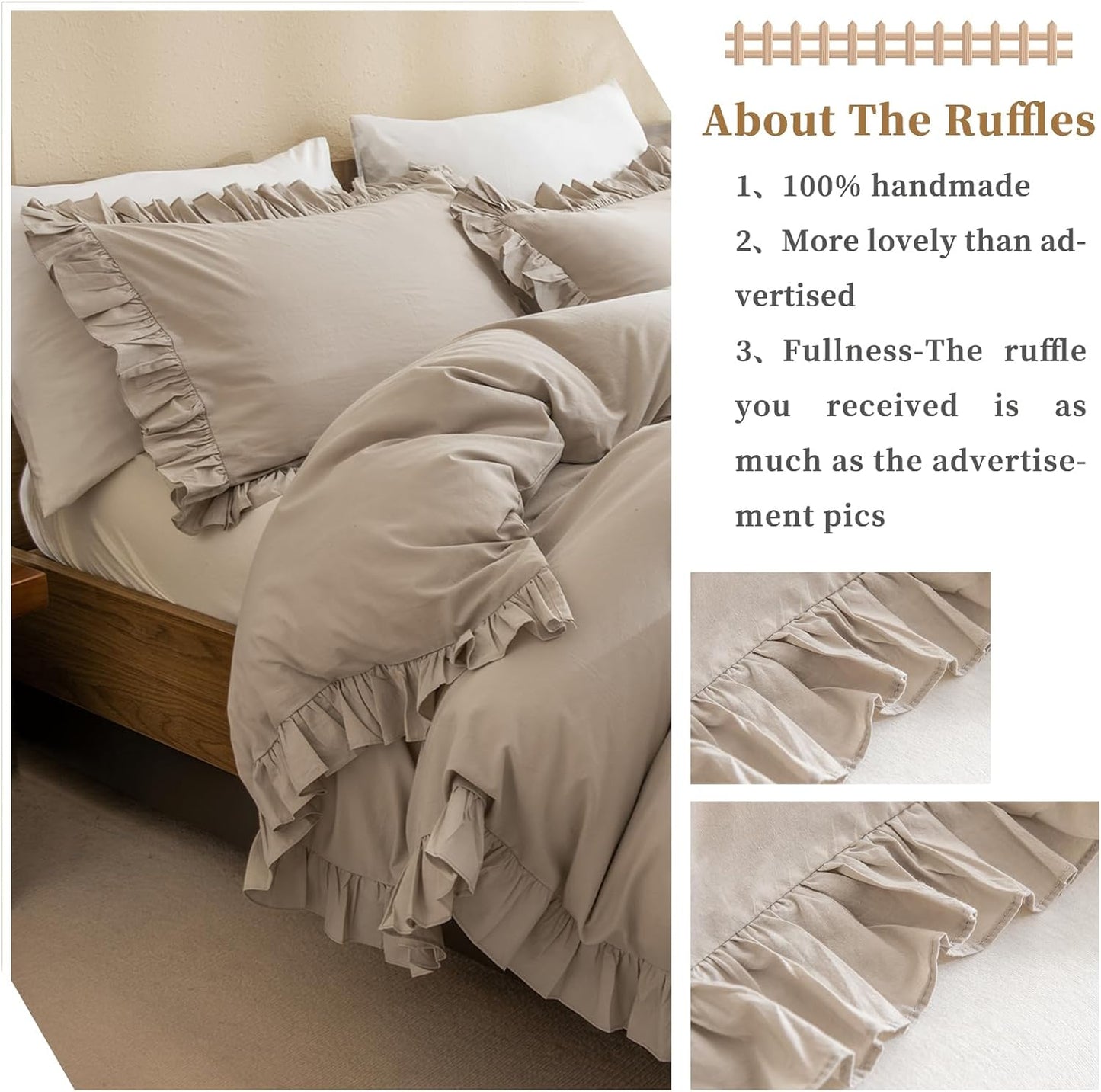 QSH Washed Cotton Duvet Cover King Ruffle Duvet Cover Linen Textured Farmhouse Shabby Vintage Chic Bedding Comforter Cover 3 PCs Aesthetic French Country Vintage King Bedding
