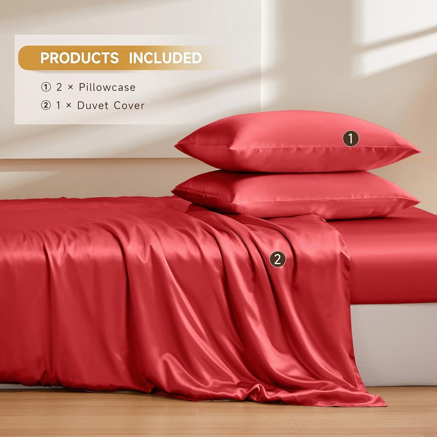 THXSILK 100% Pure Mulberry Silk Duvet Cover Set 3 Piece, 6A+ Grade Luxury Soft Bedding Silk Sheets for Hair and Skin, 1 Pcs Duvet/Quilt/Comforter Cover with 2 Zippered Pillowcases (Red, Cal. King)