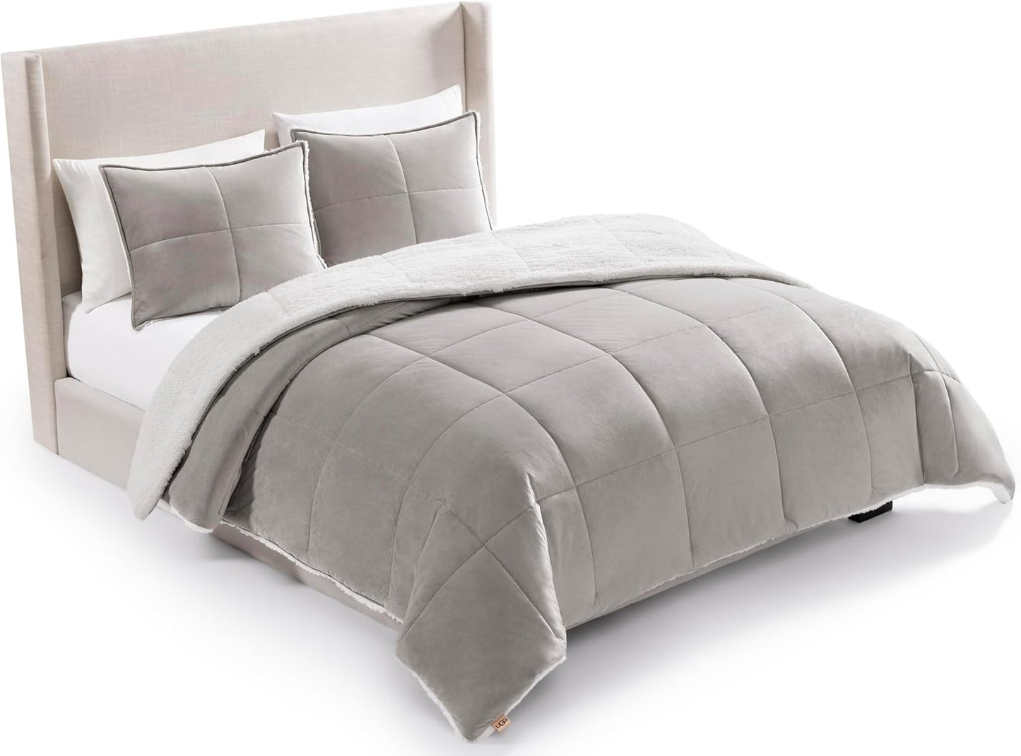 UGG Blissful Full/Queen Comforter Set with 2 Pillow Shams Reversible White Comforter Plush Fluffy Warm Bed Set Premium Down Alternative Bedding for College Dorm Essentials, Full/Queen, Seal Gray