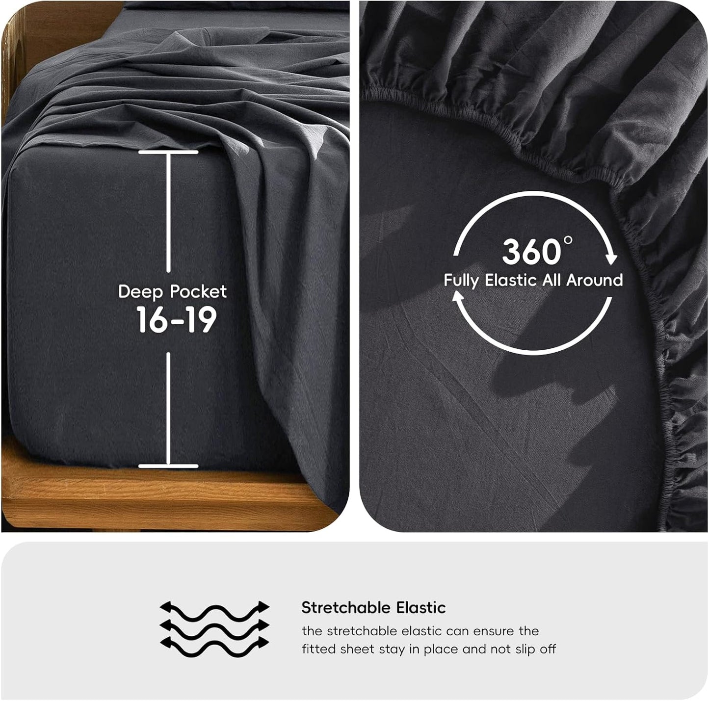 MooMee Bedding Sheet Set 100% Washed Cotton Linen Like Textured Breathable Durable Soft Comfy (Solid Deep Grey, King)