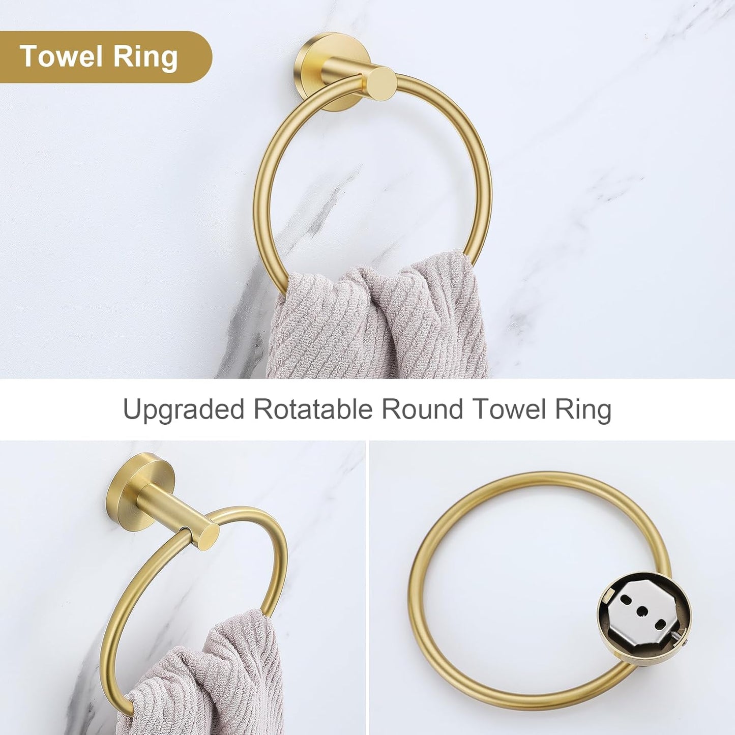 Lairuier Brushed Gold Bathroom Hardware Set, 10-Piece Towel Bar Set SUS304 Stainless Steel Bathroom Hardware Accessories Set Round Towel Holder Set Wall Mounted