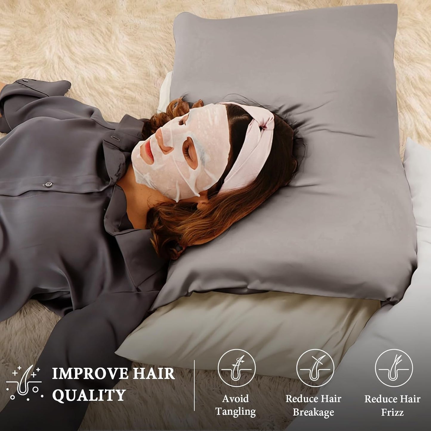 BHZ Satin Goose Down Feather Pillows Standard Size Set of 2 with Satin Pillowcase for Hair and Skin, Cooling Pillow Cases Similar to Silk Pillow Cases, Decor for Women, Mom Men, Grey