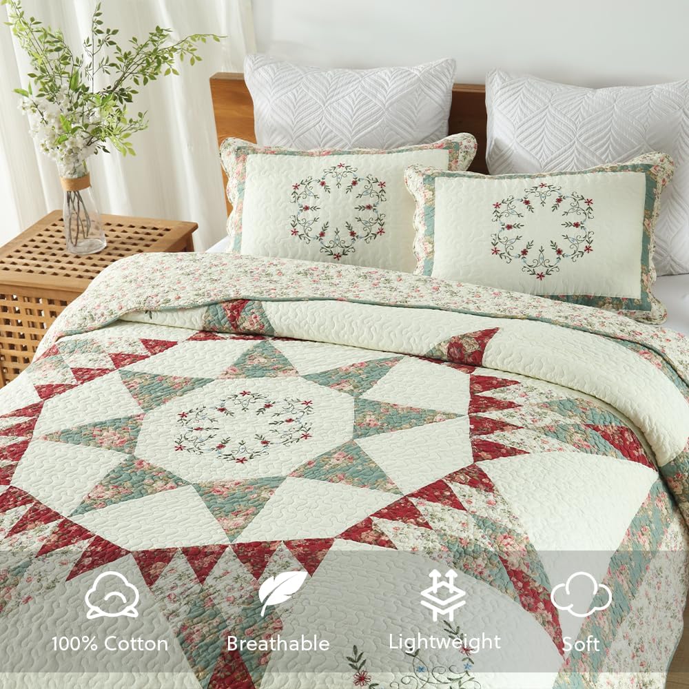 Cotton Bedspread Quilt Bedding Sets, 3 Pieces Reversible Coverlets Comforters Star with Green Floral Real Patchwork Bedspread, Queen Size