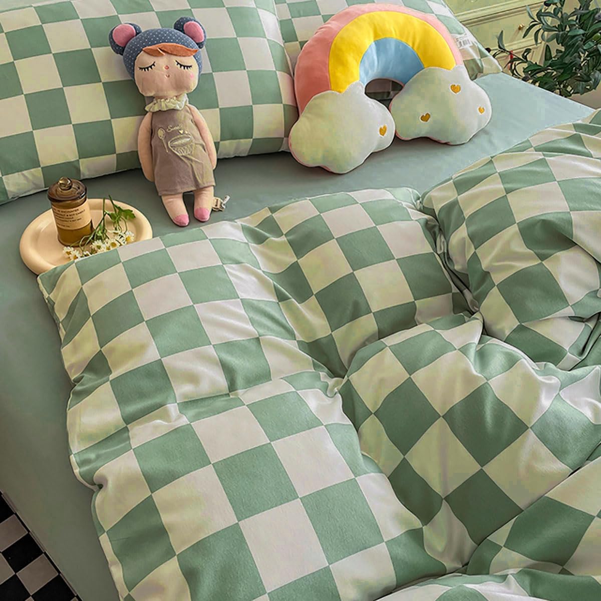KAREVER Green Checkered Comforter Queen Sage Green Grid Bedding Set Women Light Green White Plaid Bed Comforter Set Queen Size Breathable Blanket Set Men Durable Queen Bedding Comforter Set