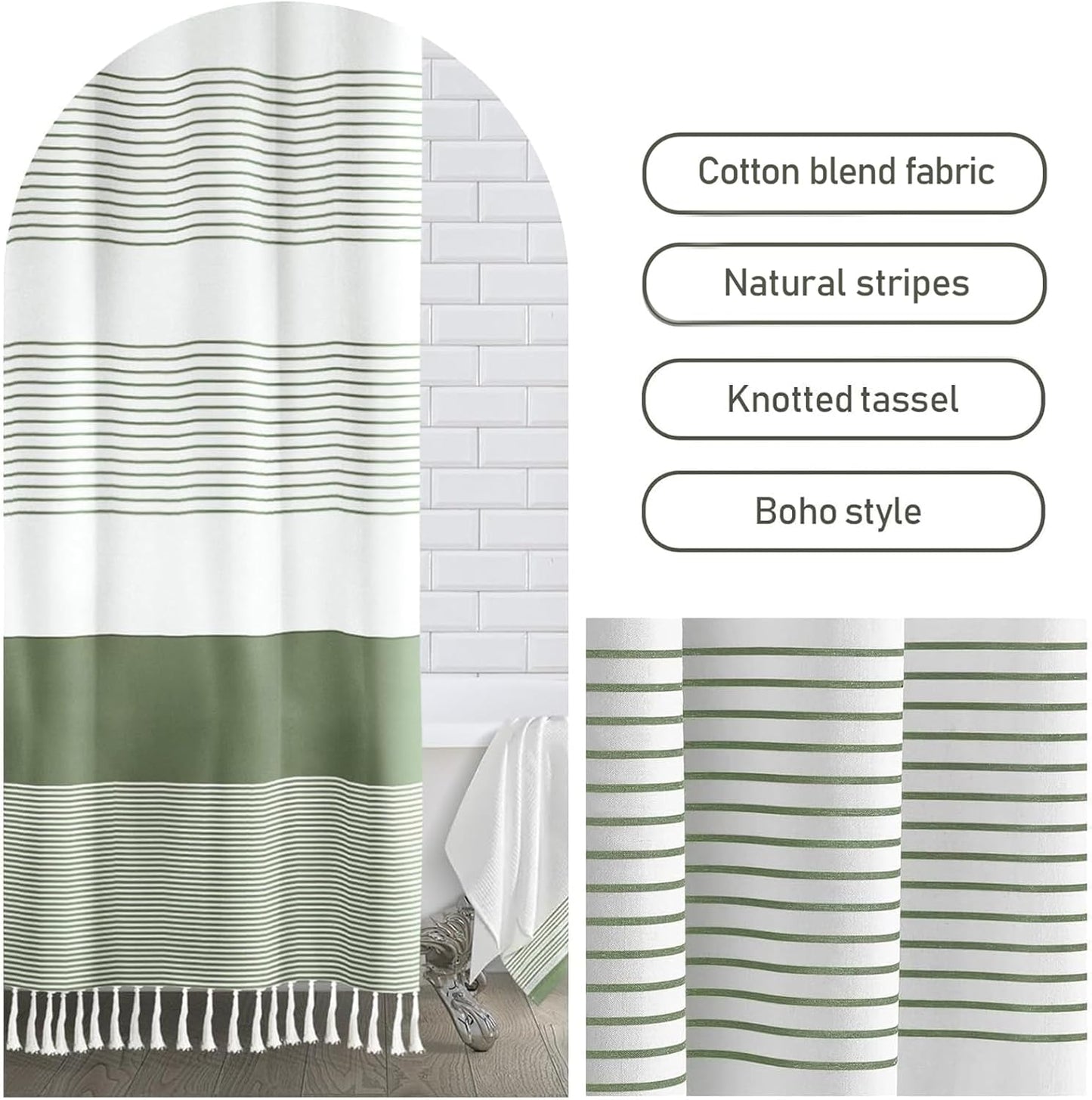 Awellife Sage Green Shower Curtain for Bathroom Stripe Tassel Shower Curtain 72 X 84 Inches Farmhouse Cotton Extra Long