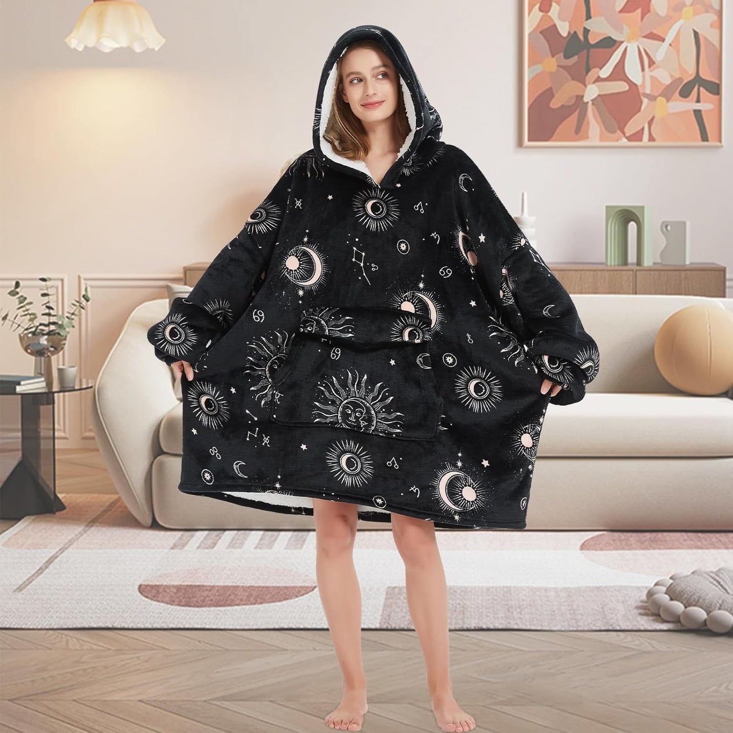 Wearable Blanket Hoodie for Adult,Oversized Sherpa Fleece Blanket Hoodie for Women Men,Sun and Moon