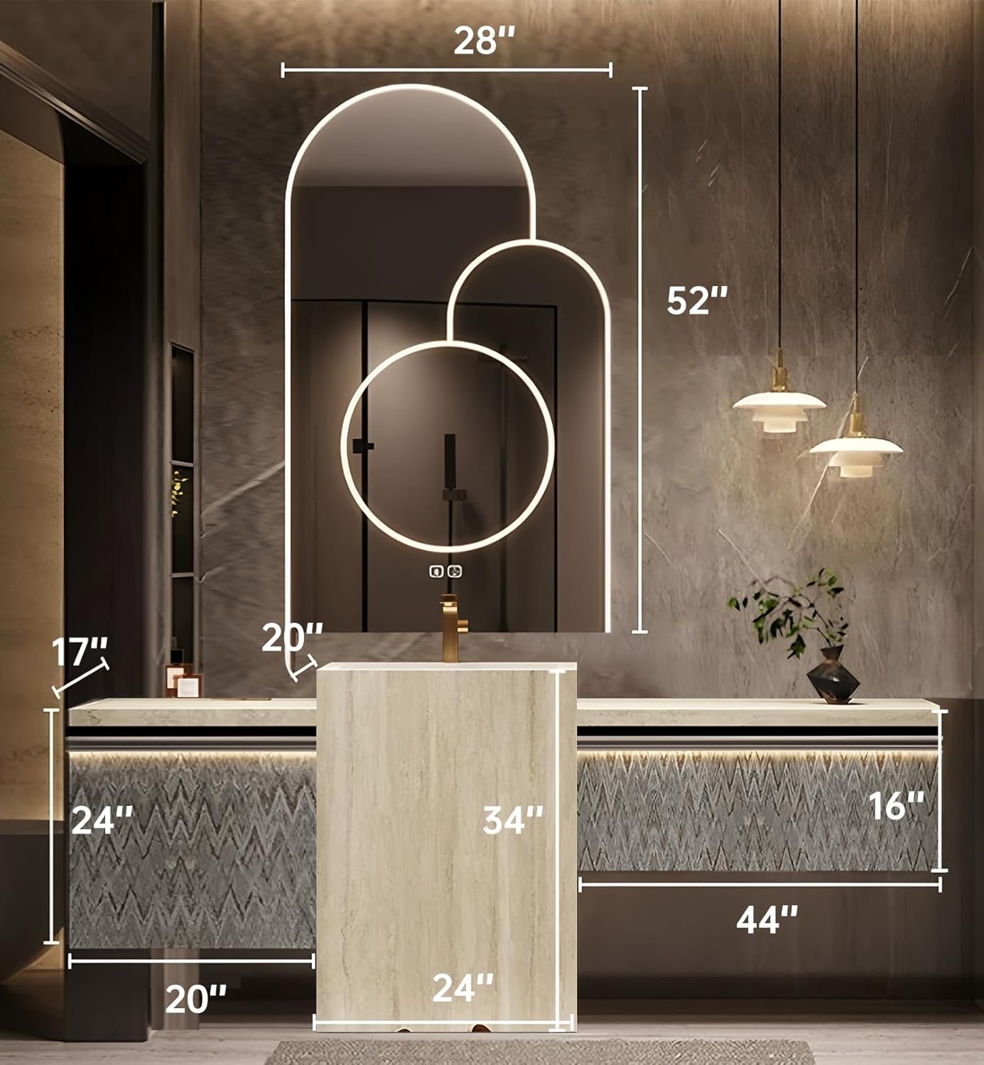 Single Sink Freestanding Bath Vanity, Modern Bath Vanity with LED Smart Mirror, 88IN Solid Wood Floating Bathroom Sink Cabinet with Marble Slate Top and Large Storage Drawer