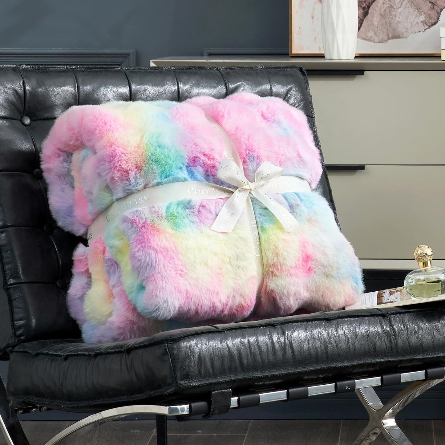 Cozy Bliss Faux Fur Throw Blanket for Couch, Bubble Plush Blanket Queen Size, Fuzzy Soft & Thick Blanket for Bed Sofa Living Room, 90x90 Inches Tie-dye Rainbow