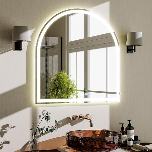 BEAUTYPEAK LED Arch Bathroom Mirrors with Lights, 34x30 Arch Mirror with Metal Frame, Anti-Fog,LED Mirror with Front Light and Backlit, Memory Function for Bathroom, Dressing Room