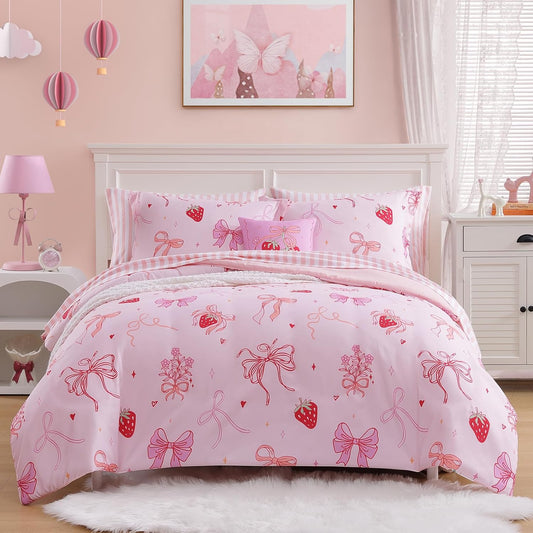 Full Size Comforter Set for Girls-7 Pieces Pink Bow Full Bedding Sets for Kids, Ultra Soft Bed in A Bag with Sheets