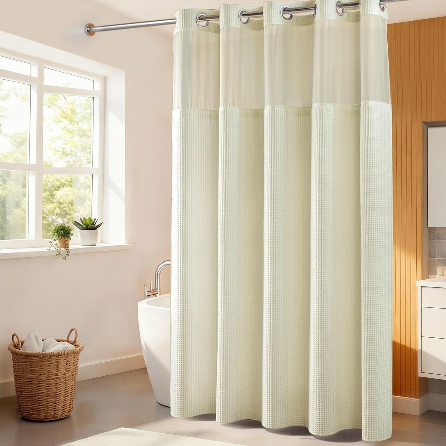 River Dream Cream Fabric Shower Curtain Set, Cotton Blend, Waffle Weave, with Snap in Replacement Liner，71 x 86 inches
