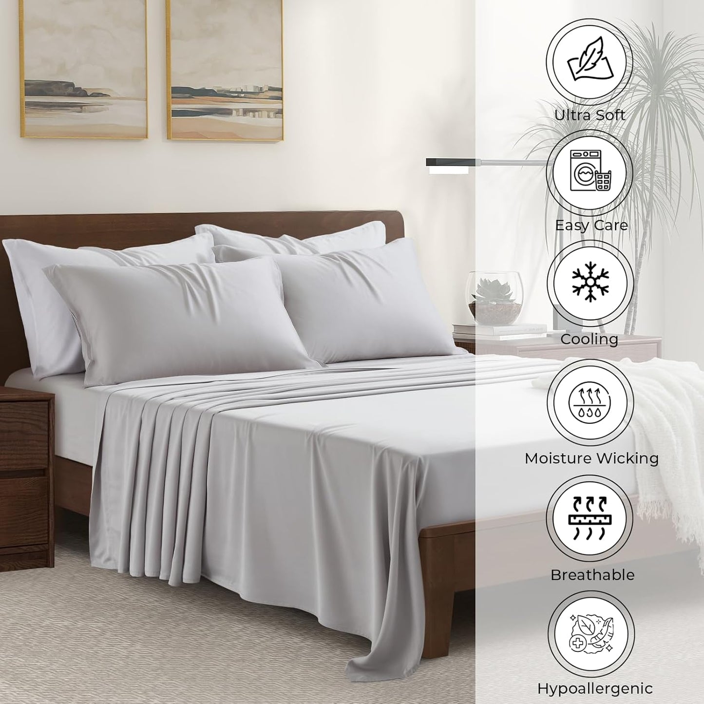 Luxury Bamboo Market | Queen Size Bed Sheet Set | 100% Viscose Made from Bamboo | Organically Grown | Ultra Soft | Cooling Sheets for Hot Sleepers | 17" Deep Pocket [Dove Grey]