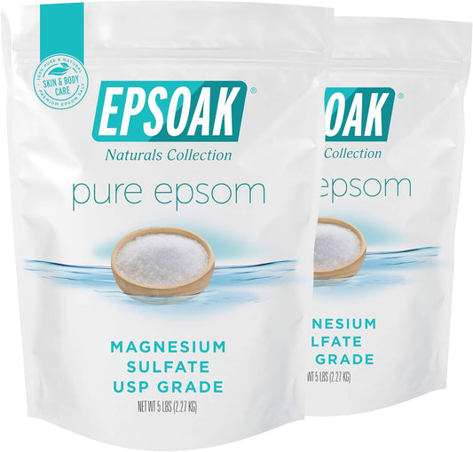 Epsoak Epsom Salt – 10 lb (Two 5 lb Resealable Bags), Magnesium Sulfate USP, Unscented, Made in USA, Perfect for Bath, Spa, and Soaking