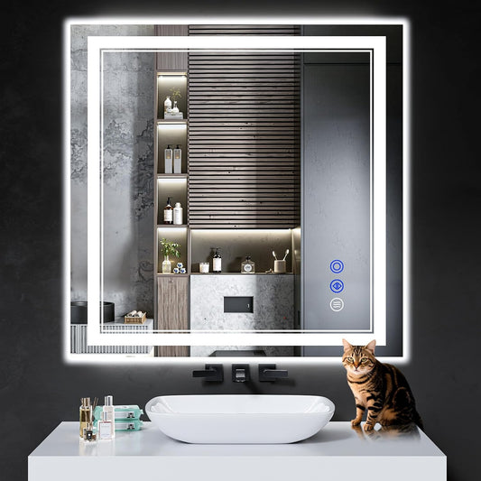 36"x36" LED Bathroom Mirror with Anti-Fog, Stepless Dimmable Lights, 3 Color Modes, Shatter-Proof Tempered Glass, Memory Function & Waterproof Design
