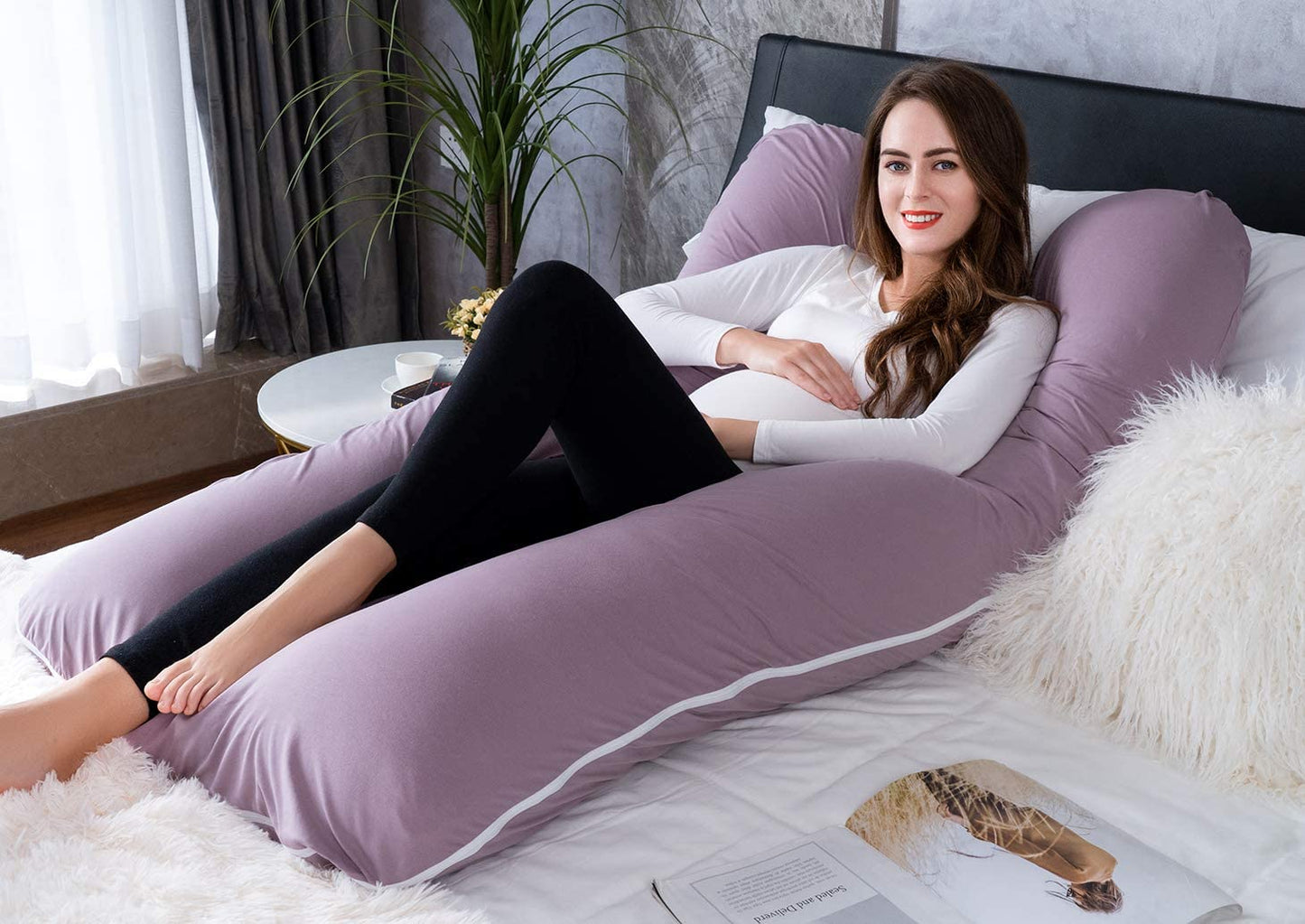 Meiz U Shaped Sleeping, Cooling 60‘’ Maternity Pillow for Pregnant Women with Jersey Cover, Purple