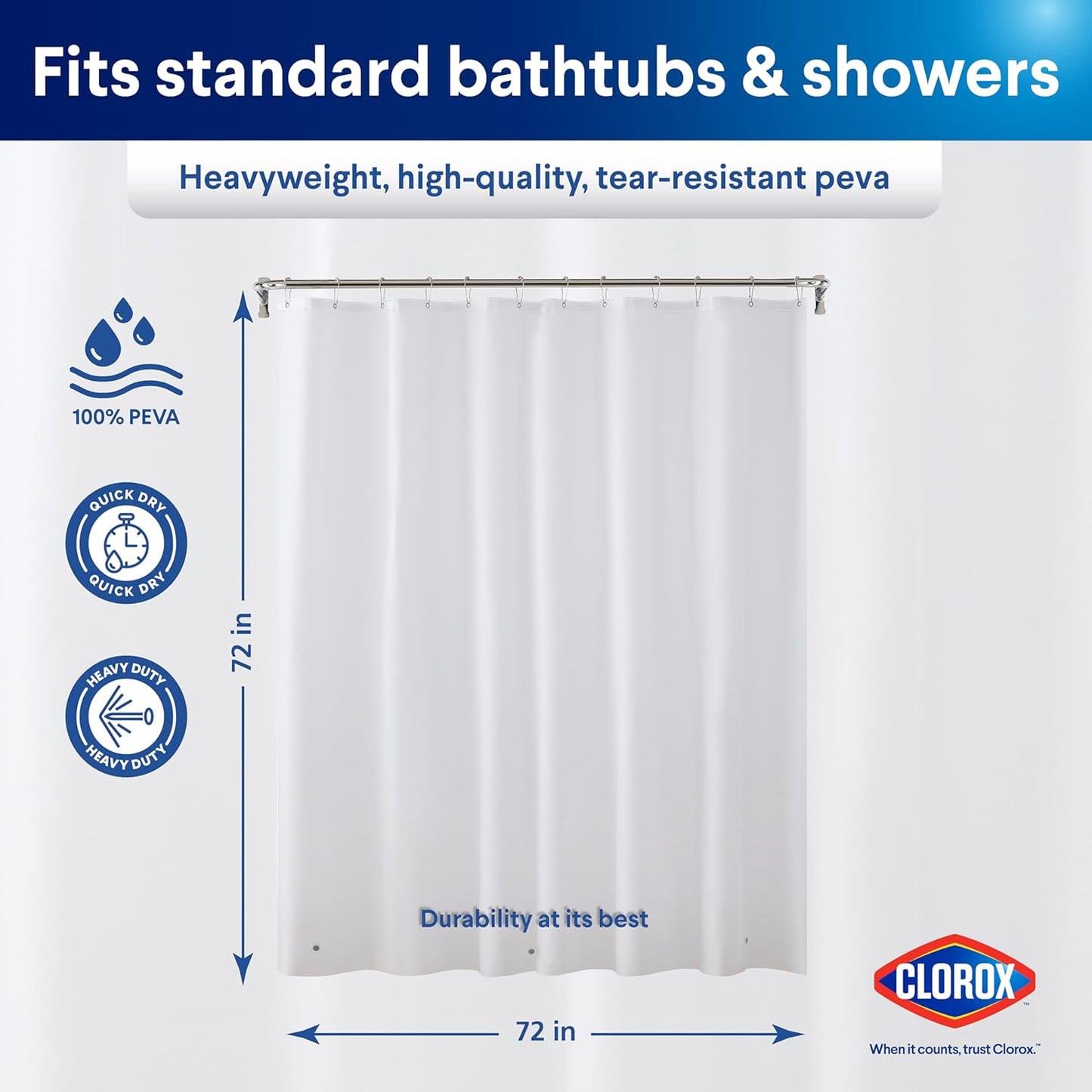 CLOROX Shower Curtain Liner, Premium Lightweight Flexible Waterproof 8g PEVA for Bathroom with Weighted Magnets, Standard Size 72" x 72", White 1 Pack