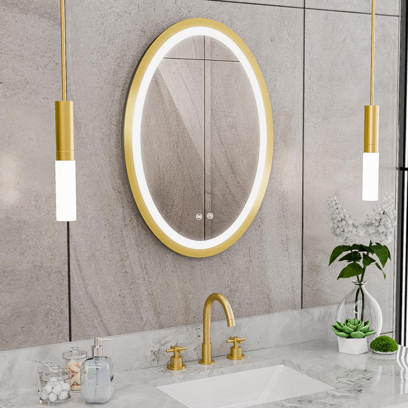 DreamLine Brilliance 28 in. H x 20 in. W Oval Light-up Mirror, Brushed Brass
