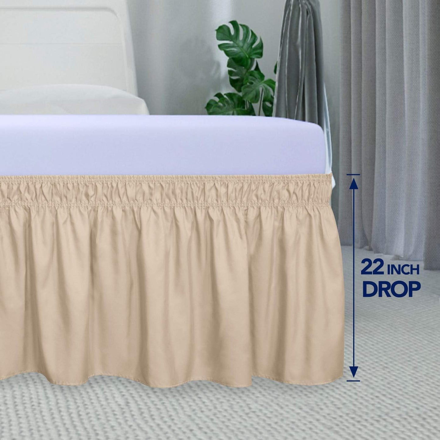 PureFit Wrap Around Ruffled Bed Skirt with Adjustable Elastic Belt - 22 Inch Drop Easy to Put On, Wrinkle Free Bedskirt Dust Ruffles, Bed Frame Cover for Twin, Twin XL and Full Size Beds, Beige