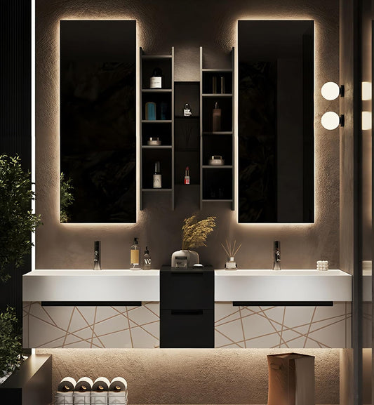 Double Bathroom Vanity with Sink, Floating Modern Bathroom Vanity Set Includes LED Smart Defogging Mirror and Open Storage Wall Cabinet, Solid Wood Bathroom Cabinet with Large Drawer (Apricot, 84")