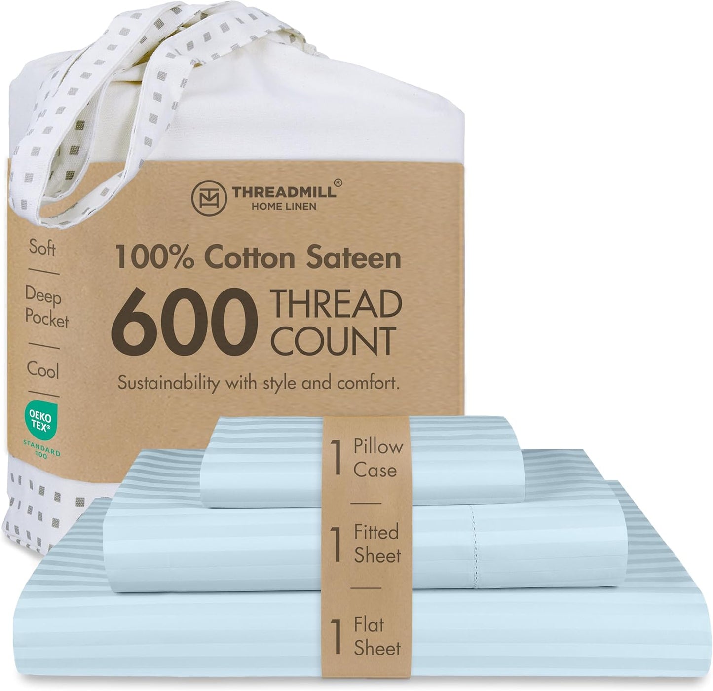 Threadmill 100% Cotton Sheets for Twin Size Bed - 600 Thread Count Twin Bed Sheets Set with 15” Deep Pocket - Damask Stripe Sateen Weave 3-Piece Bedding Set with Cooling Effect, Blue