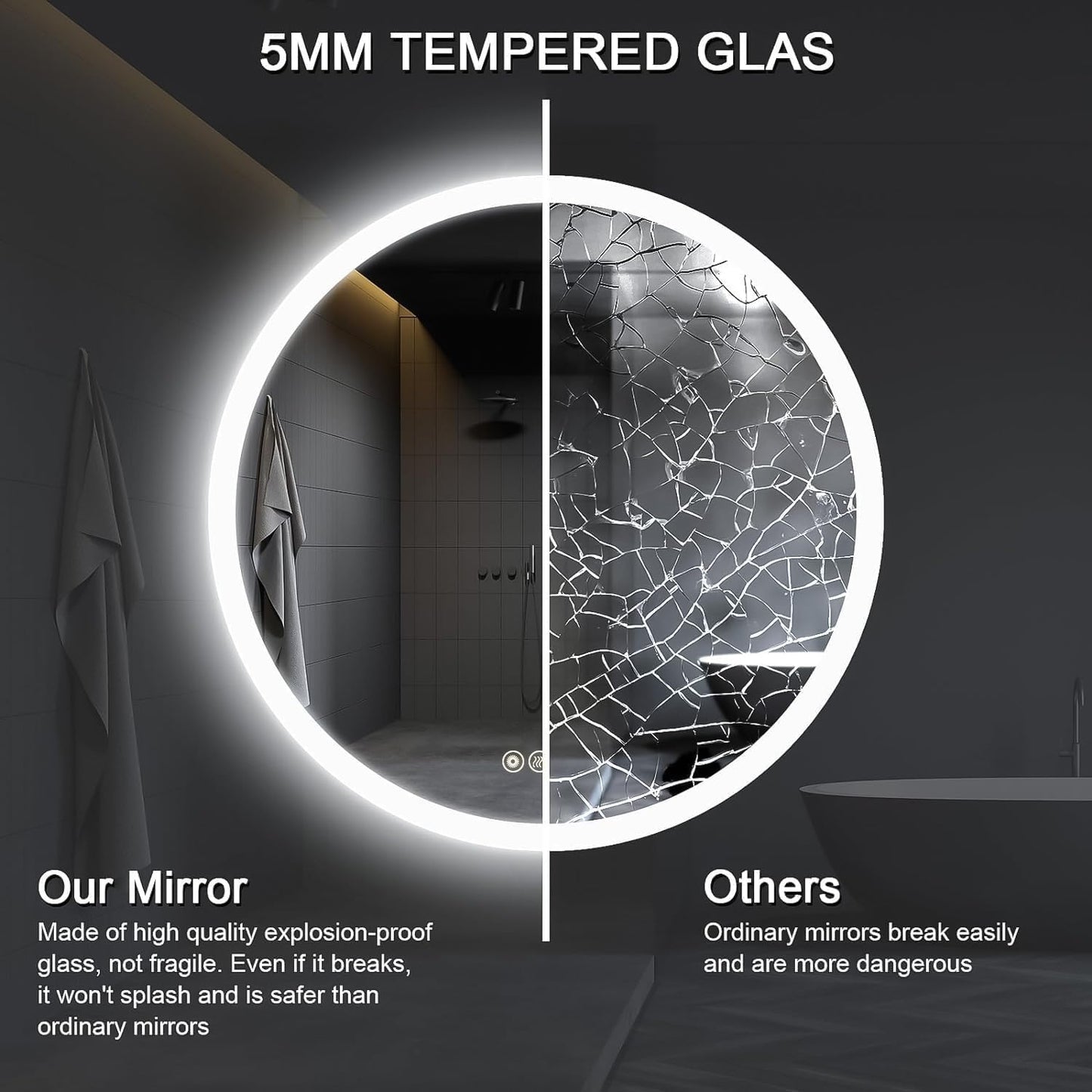 Wall-Mounted LED Round Bathroom Mirror, Makeup Mirror (24 inches x 24 inches,) 3 Color Stepless Dimmable Memory Bathroom Vanity Mirror with Lights CRI90+ 3000-6400K Smart Mirror with Touch