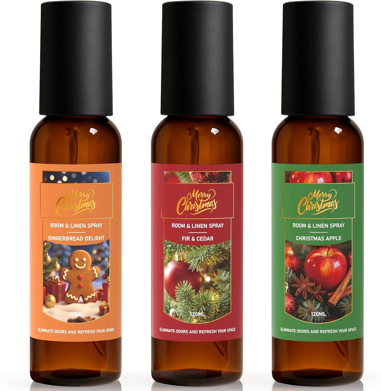 Linen and Room Spray, Fir & Cedar, Gingerbread, Christmas Apple, Long-Lasting Air Freshener for Home, Bedding, Concentrated Room Fragrance Spray, Odor Eliminator, 3 x 4.06 fl oz