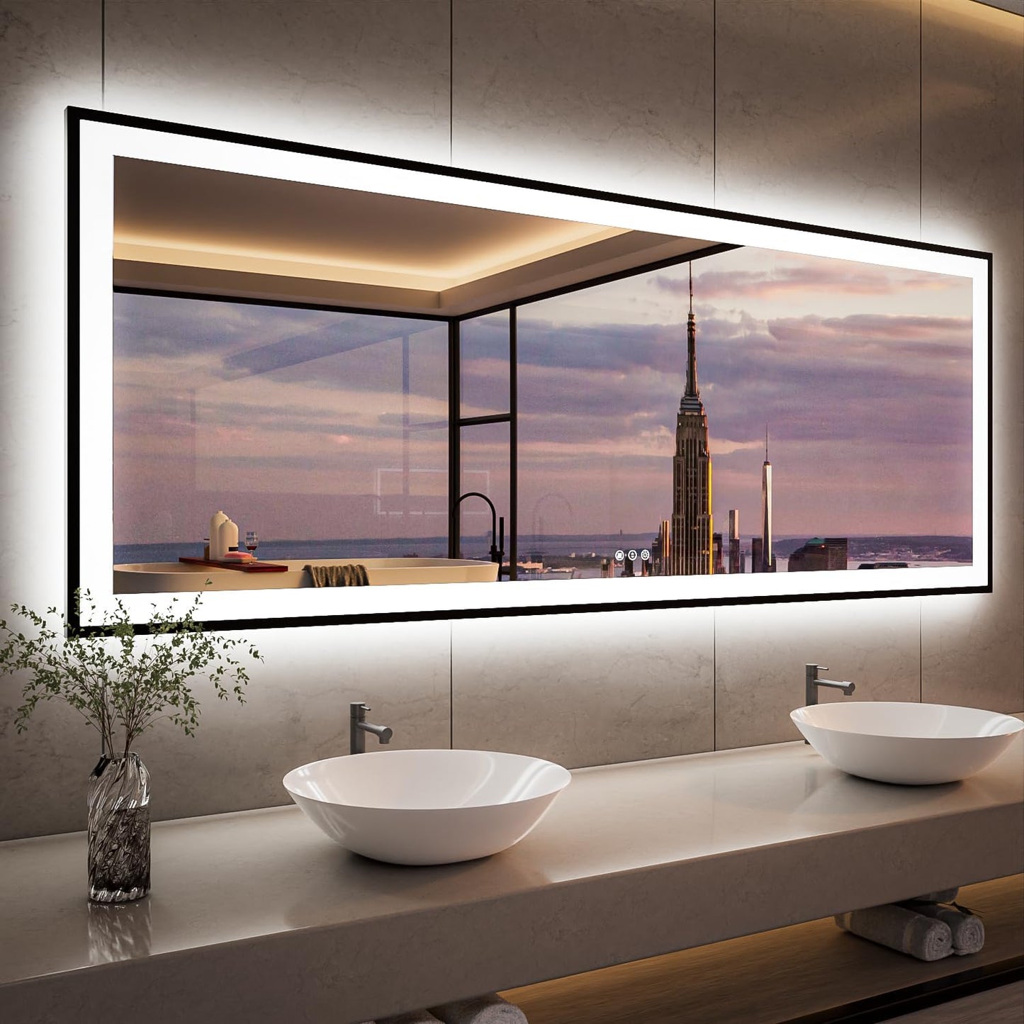 ISKM Framed LED Mirror for Bathroom 84"x32", Dimmable LED Bathroom Mirror with Lights, Anti-Fog, Front and Backlit Lighted Mirror 3-Colors, Shatterproof, Memory Function