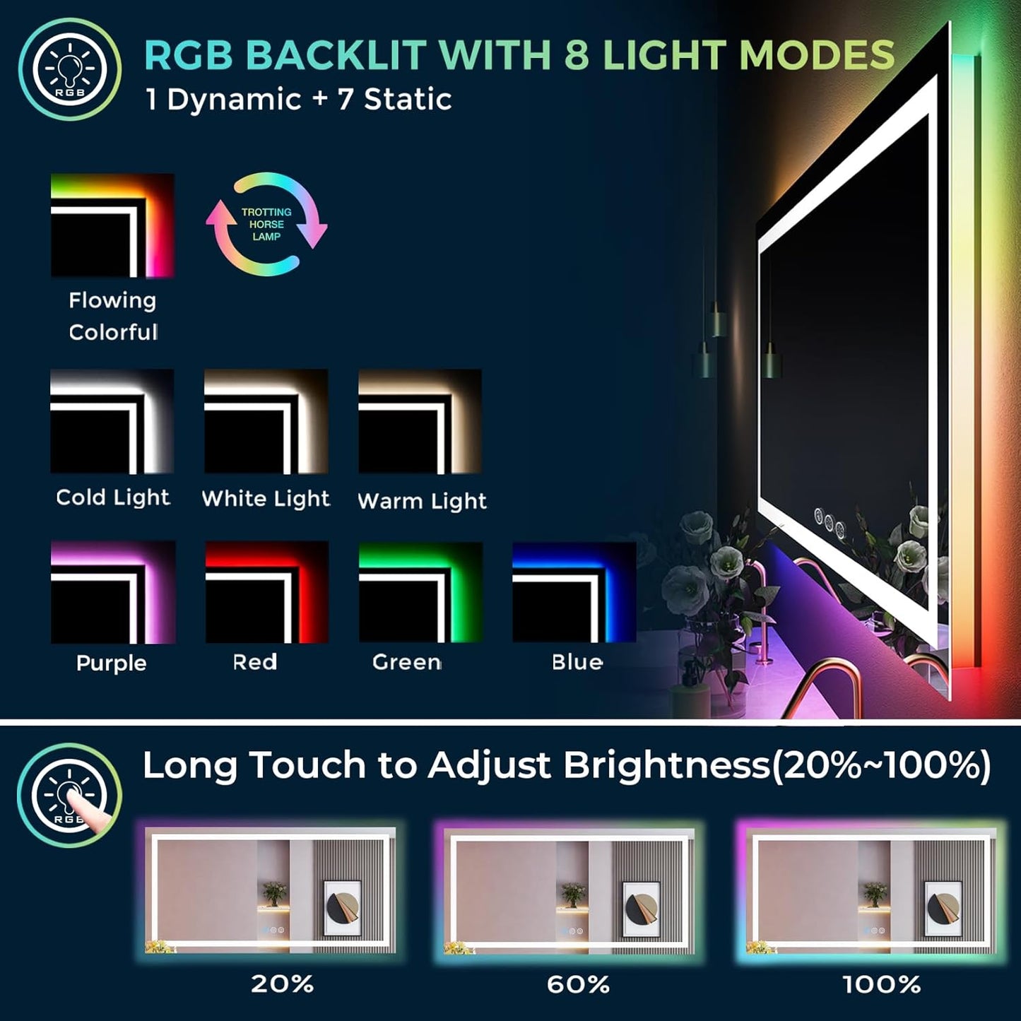 68x36 Inch RGB LED Bathroom Mirror Front Light and RGB Backlit Lighted Vanity Mirror for Bathroom Wall Mounted Dimmable Anti Fog Memory Shatter-Proof IP54 Waterproof Horizontal/Vertical