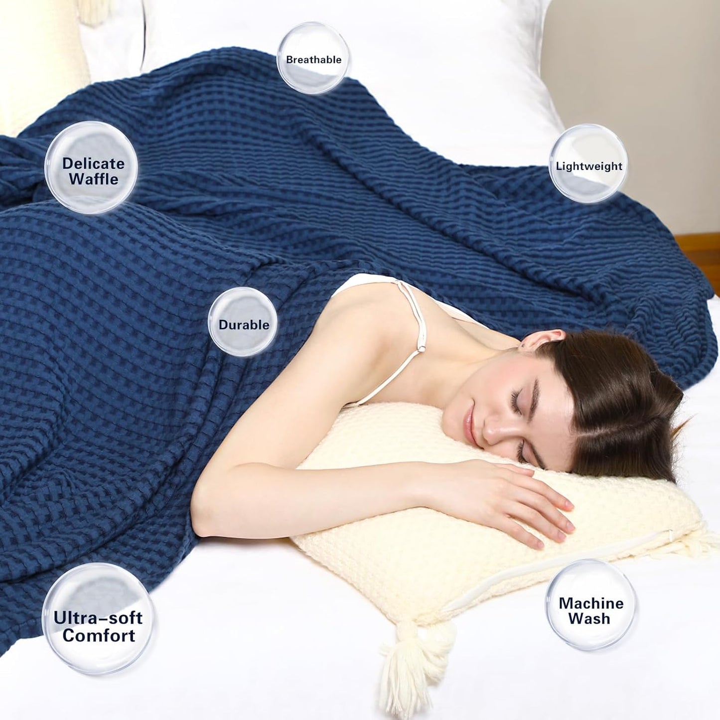 Aganear Waffle Blanket - Lightweight Breathable Summer Blanket of 50% Cotton and 50% Rayon Derived from Bamboo for Hot Sleepers Luxury Throws for Bed, Couch and Sofa,Navy,90x90 Inches