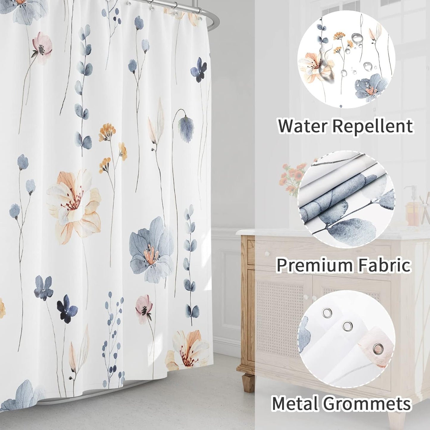 Gibelle Watercolor Floral Shower Curtain, Blue Beige Flower Shower Curtain for Bathroom, Modern Minimalist White Waterproof Fabric Shower Curtain Set with Hooks 72x72 Inch