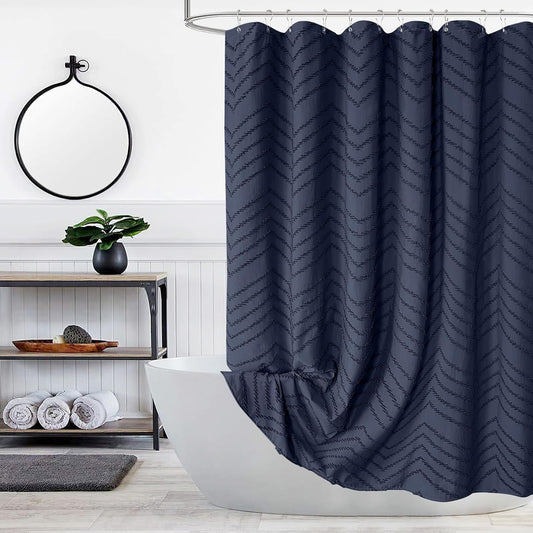 78 Inches Long Boho Tufted Chevron Striped Fabric Shower Curtain Navy Blue 72x78 Tall Minimalist Waterproof Cloth Shower Curtain, Wrinkle Free