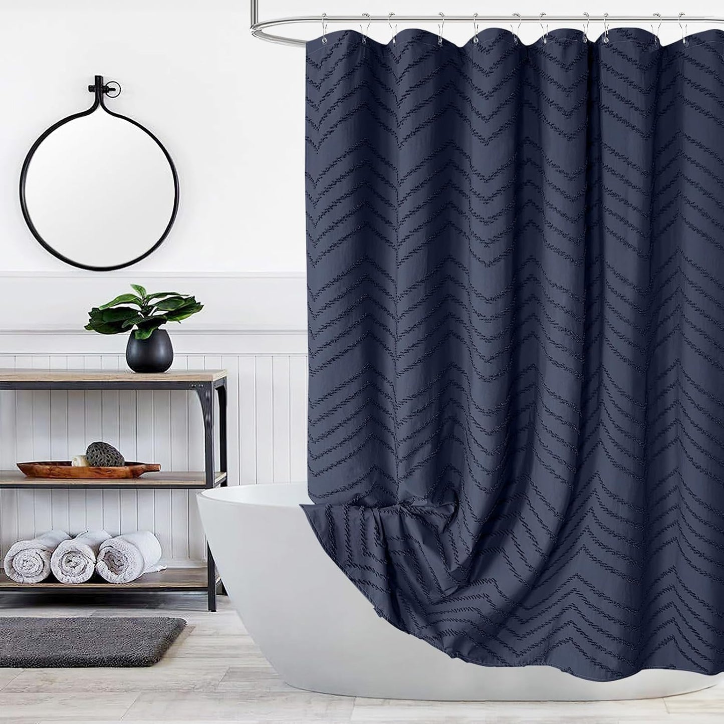 Navy Blue Fabric Shower Curtain Boho Tufted Chevron Striped Textured Cloth Curtains for Bathroom Farmhouse Shabby Chic Waterproof Set with Hook, Wrinkle Free