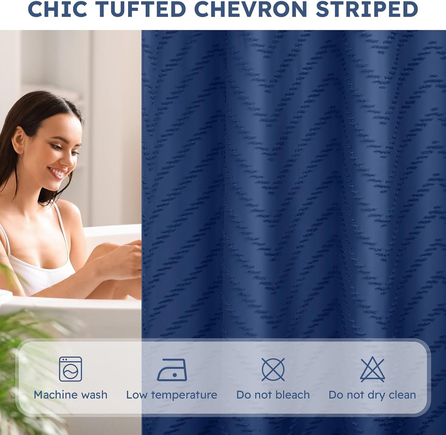 No Hook Shower Curtain and Snap in Liner Set Navy Blue Tufted Chevron Striped Cloth Waterproof Washable Fabric Boho Bath Curtain with See Through Mesh Top Window for Bathroom Hotel 71" x 86"