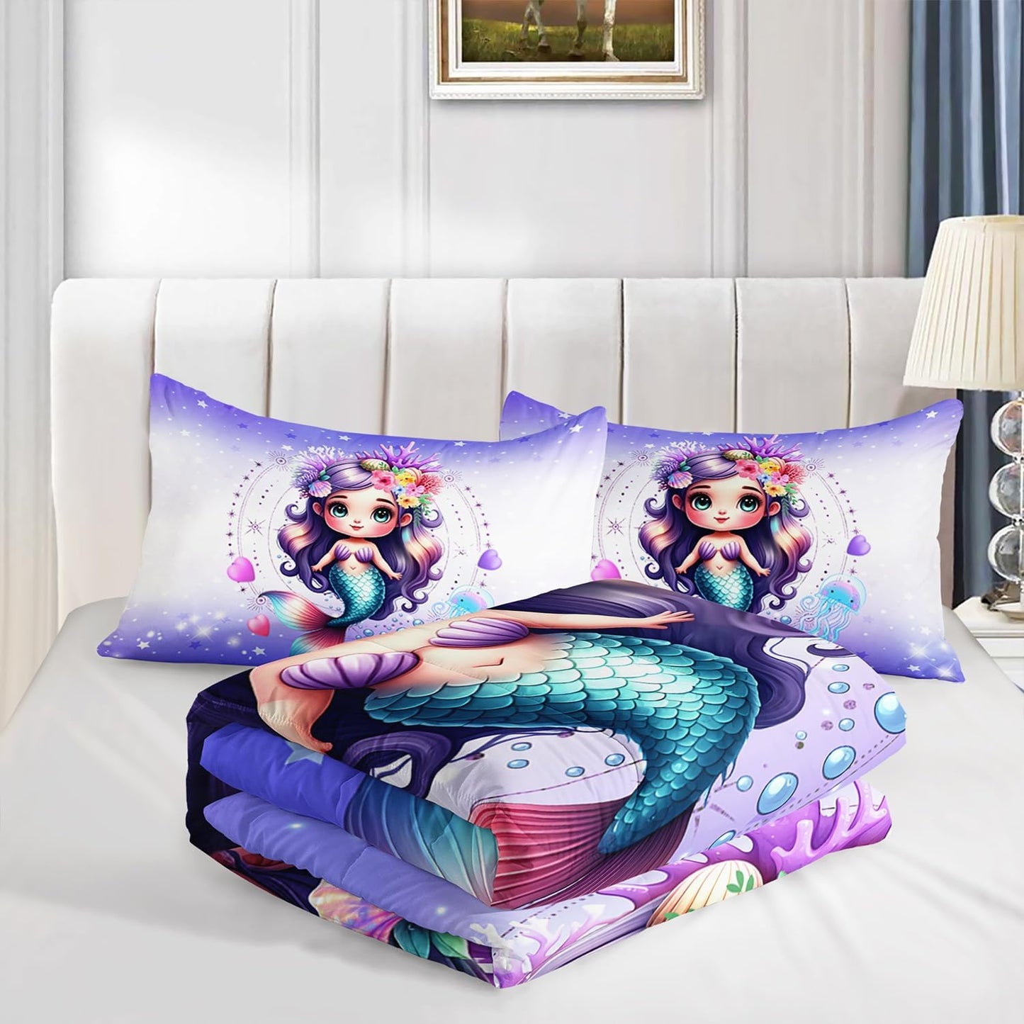 Cute Mermaid Pattern Full Comforter Set,Star Jellyfish Ocean Themed Bedding Sets for Kids Toddlers Girls Boys Room Decor,Princess Bedding with 2 Pillowcases.