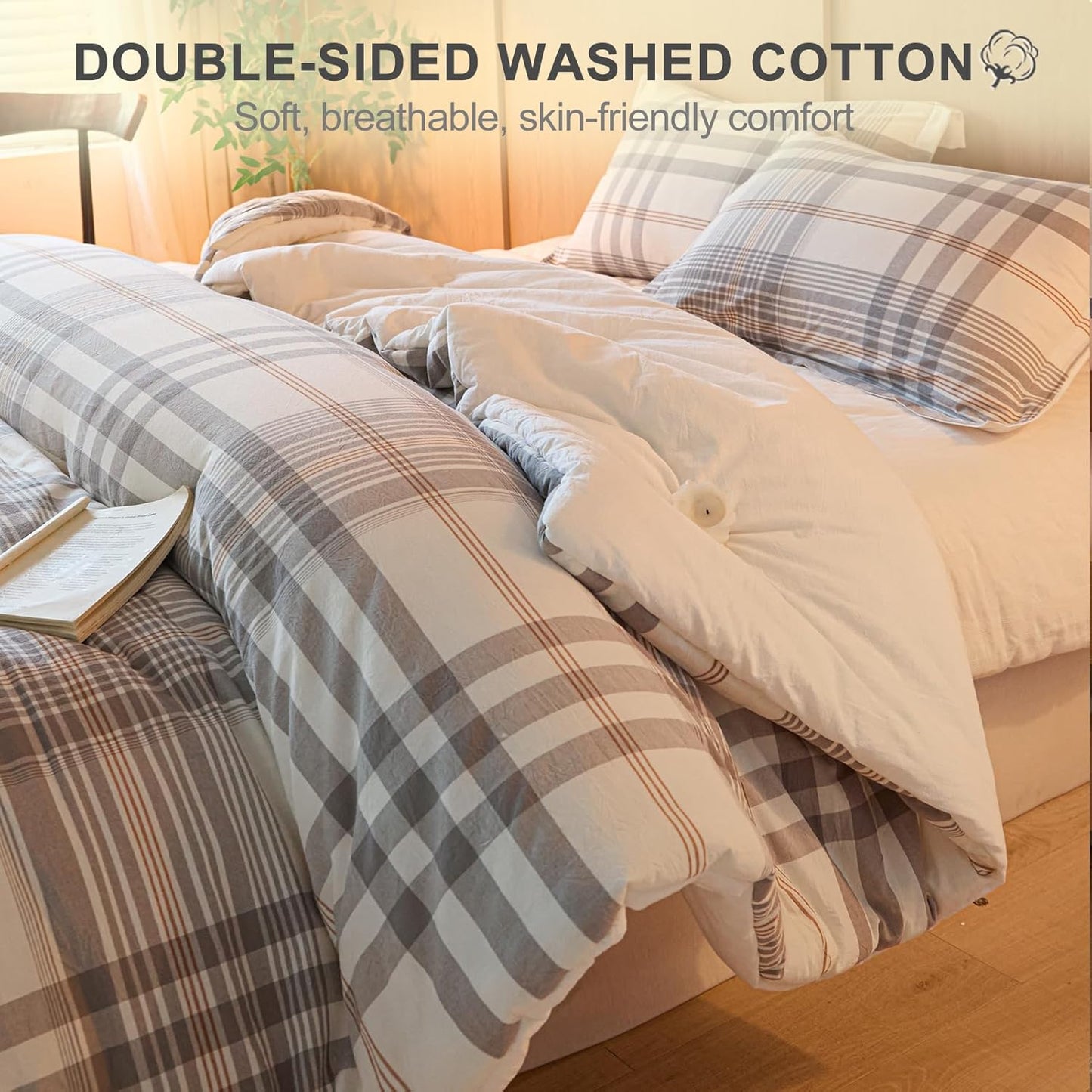 100% Cotton Comforter Set Full Size – Reversible Yarn-Dyed Checkered Design, Soft Washed Cotton on Both Sides, Lightweight All-Season Bedding, Machine Washable(Grey White Plaid, 80”x90”)