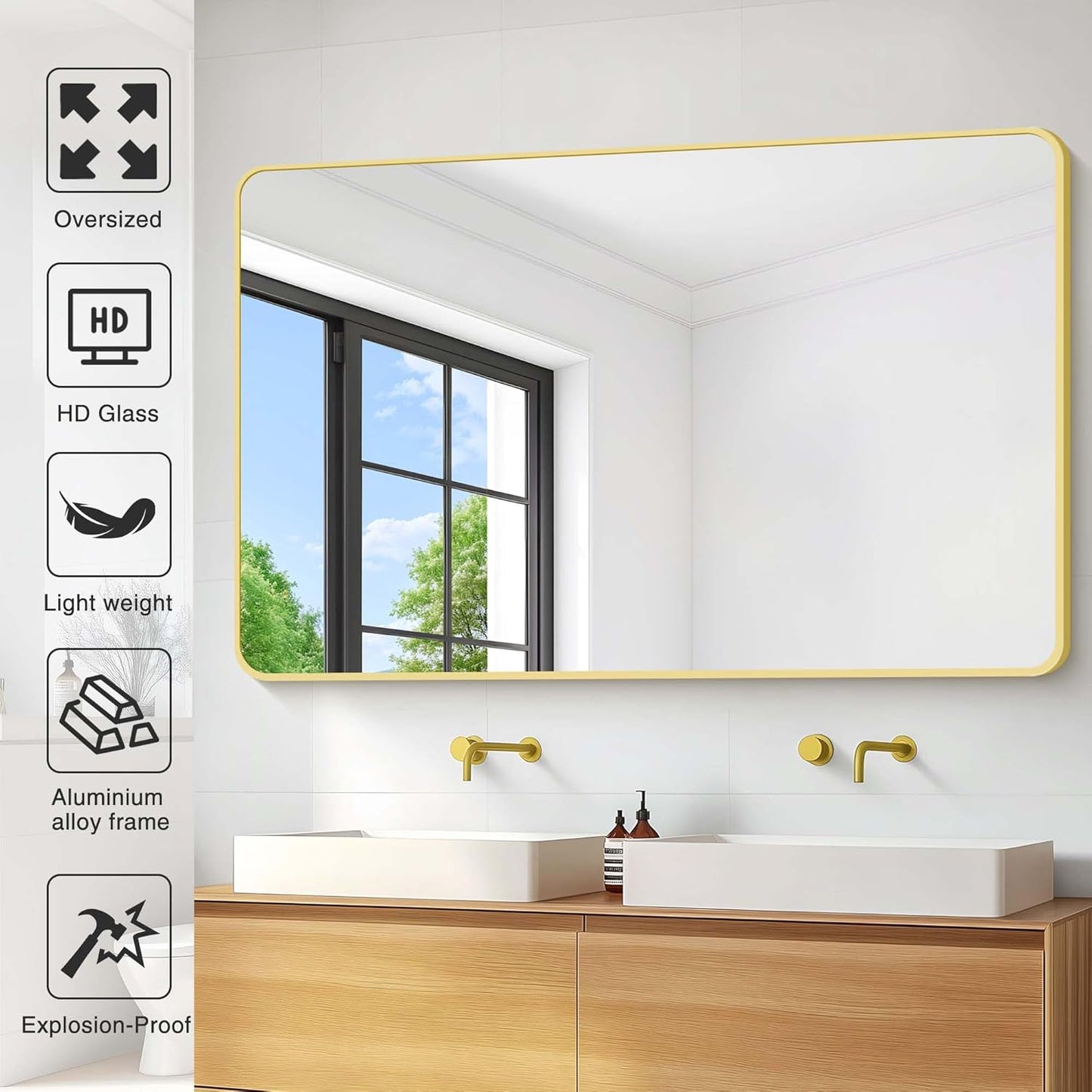 55"x36" Gold Bathroom Mirror, Large Rectangle Mirror, Rectangular Wall Mirror, Rounded Corner Vanity Mirror with Aluminum Metal Frame for Bathroom Bedroom Living Room Horizontal/Vertical