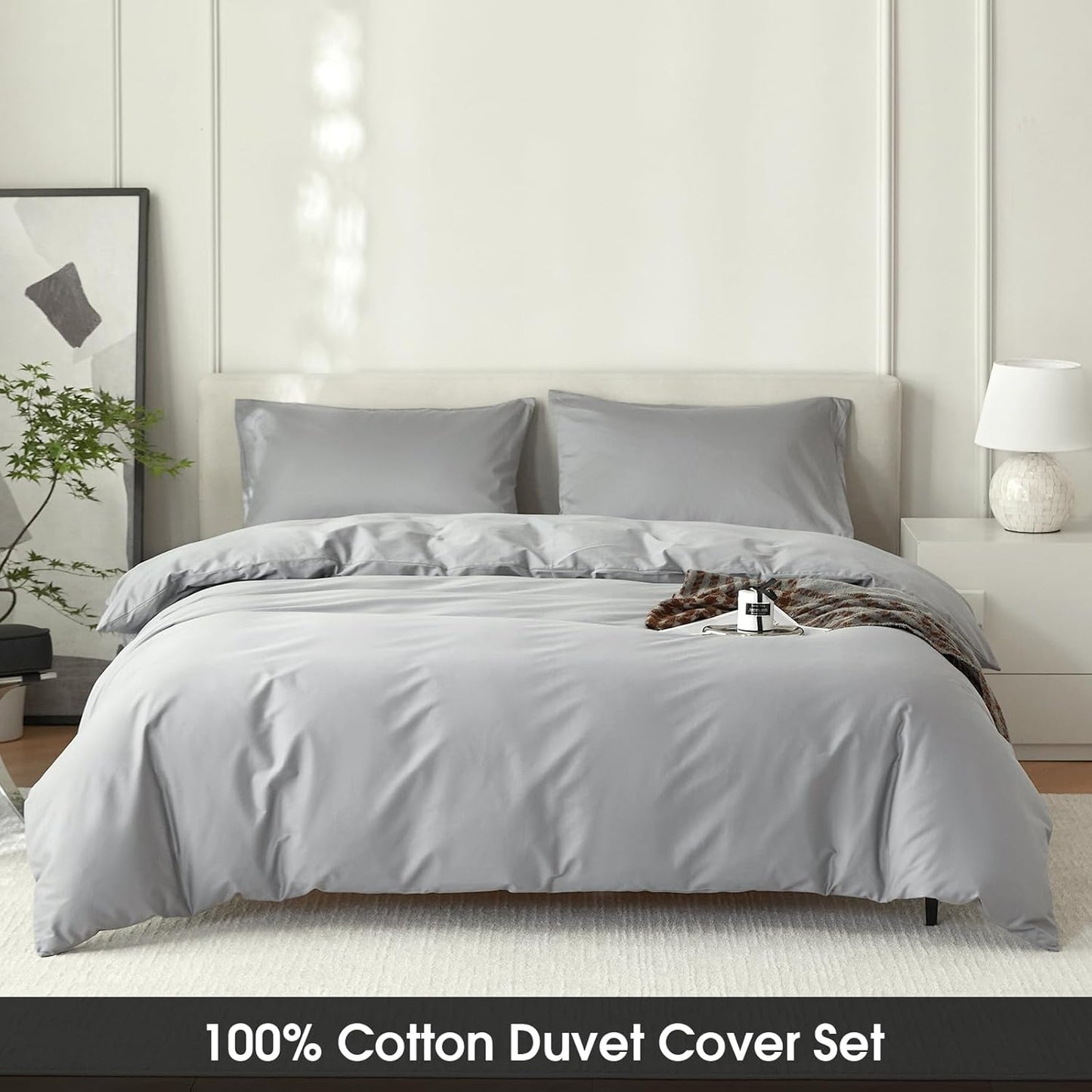 Full Size Cotton Duvet Cover Set 3 Piece-100% Egyptian Cotton Duvet Cover Set,1600Thread Count -Hotel Luxury Bedding，Ultra Soft & Breathable, Wrinkle-Free(Grey, 80x90 inches)