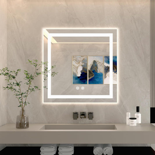 36 X 36 Inch Square LED Bathroom Vanity Mirror, 3 Colors Light Dimmable, Wall Mounted Memory Lighted Makeup Mirror with Anti-Fog Touch Switch (Front-lit&Backlit)