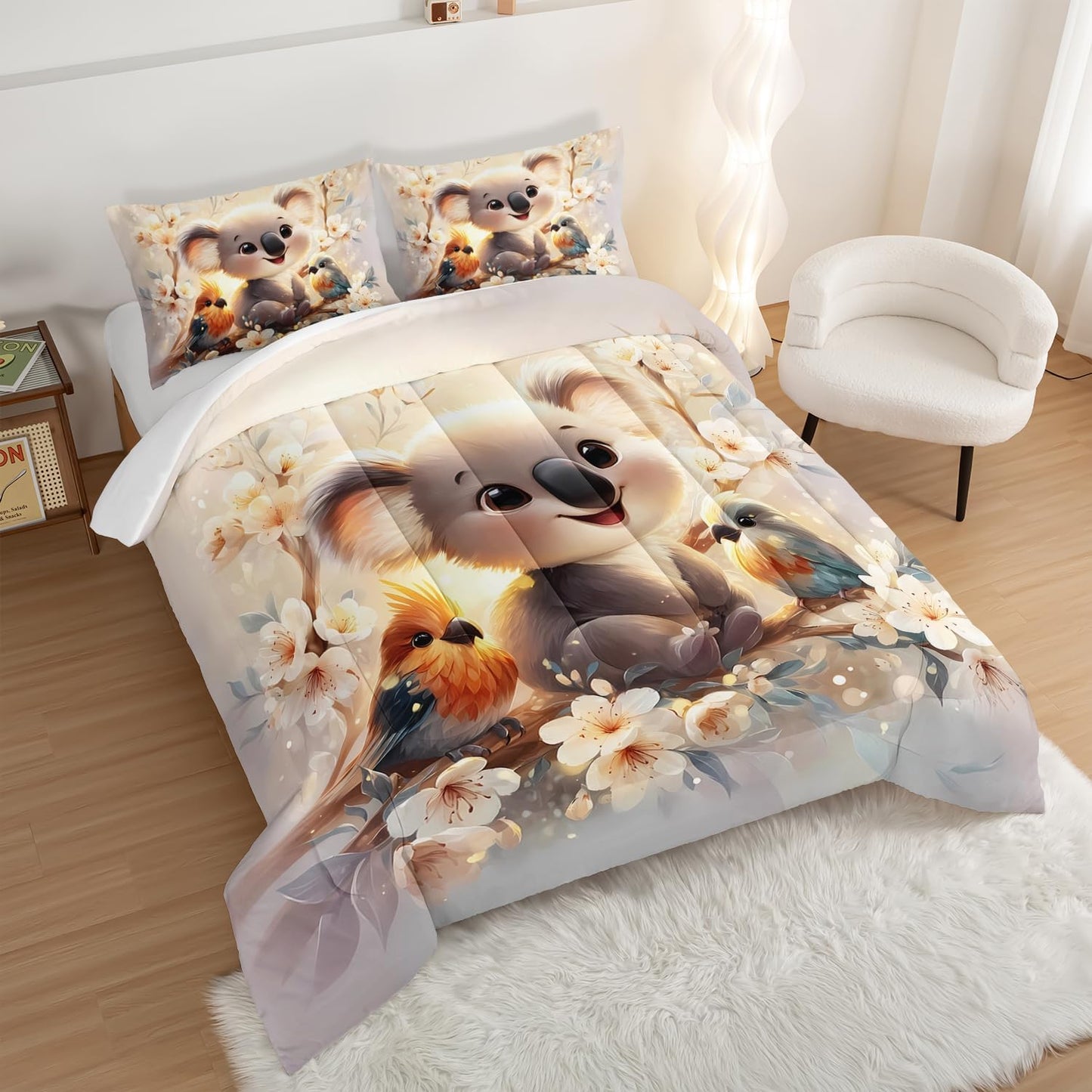 Kawaii Koala Bedding Set,Cartoon Koala Parrot Floral Pattern Full Size Bed Set for Kids Girls Boys Room Decor,Cute Beddings with 2 Pillowcases.