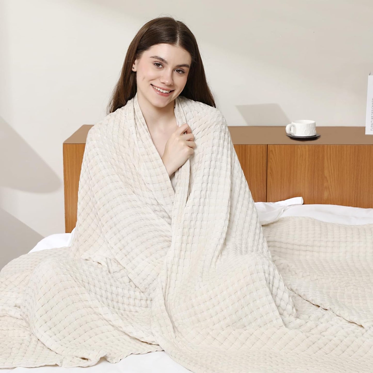 Aganear Waffle Blanket - Lightweight Breathable Summer Blanket of 50% Cotton and 50% Rayon Derived from Bamboo for Hot Sleepers Luxury Throws for Bed, Couch and Sofa,Beige,90x90 Inches