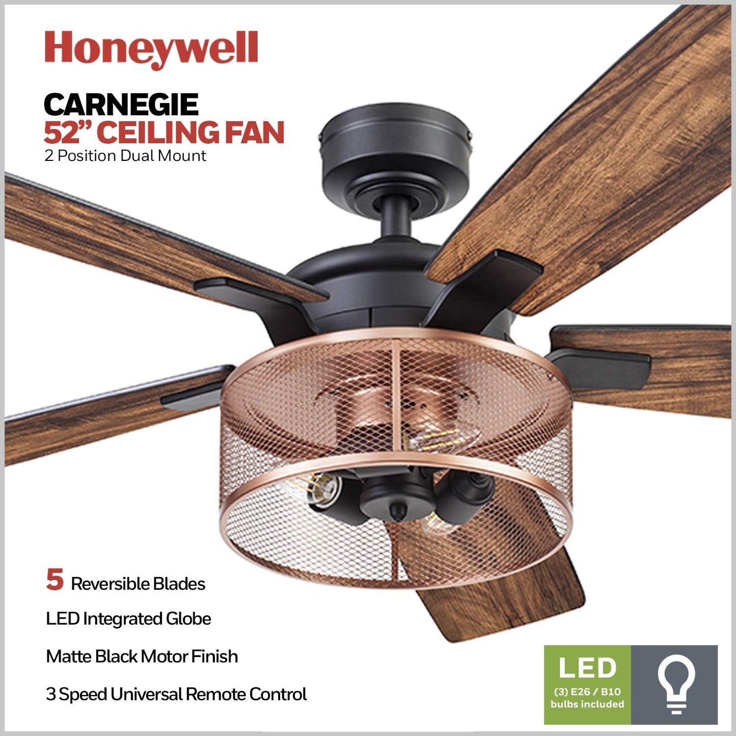 Honeywell Ceiling Fans Carnegie Industrial 52 Inch Ceiling Fan with Light, Remote Control Fan, LED Indoor Fan with 5 Blades, Black Oak and Brown Mopane Blade Finish Options, Copper (51459-01)