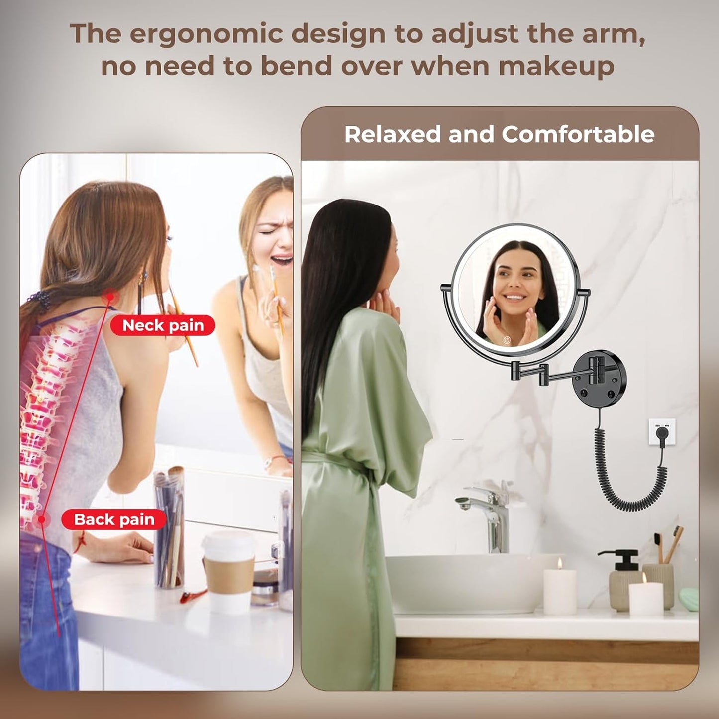 Rocollos 9" Plug-in Wall Mounted Lighted Makeup Mirror 1X/10X Magnification, Super Large Double Sided LED Vanity Mirror for Bathroom (Black)