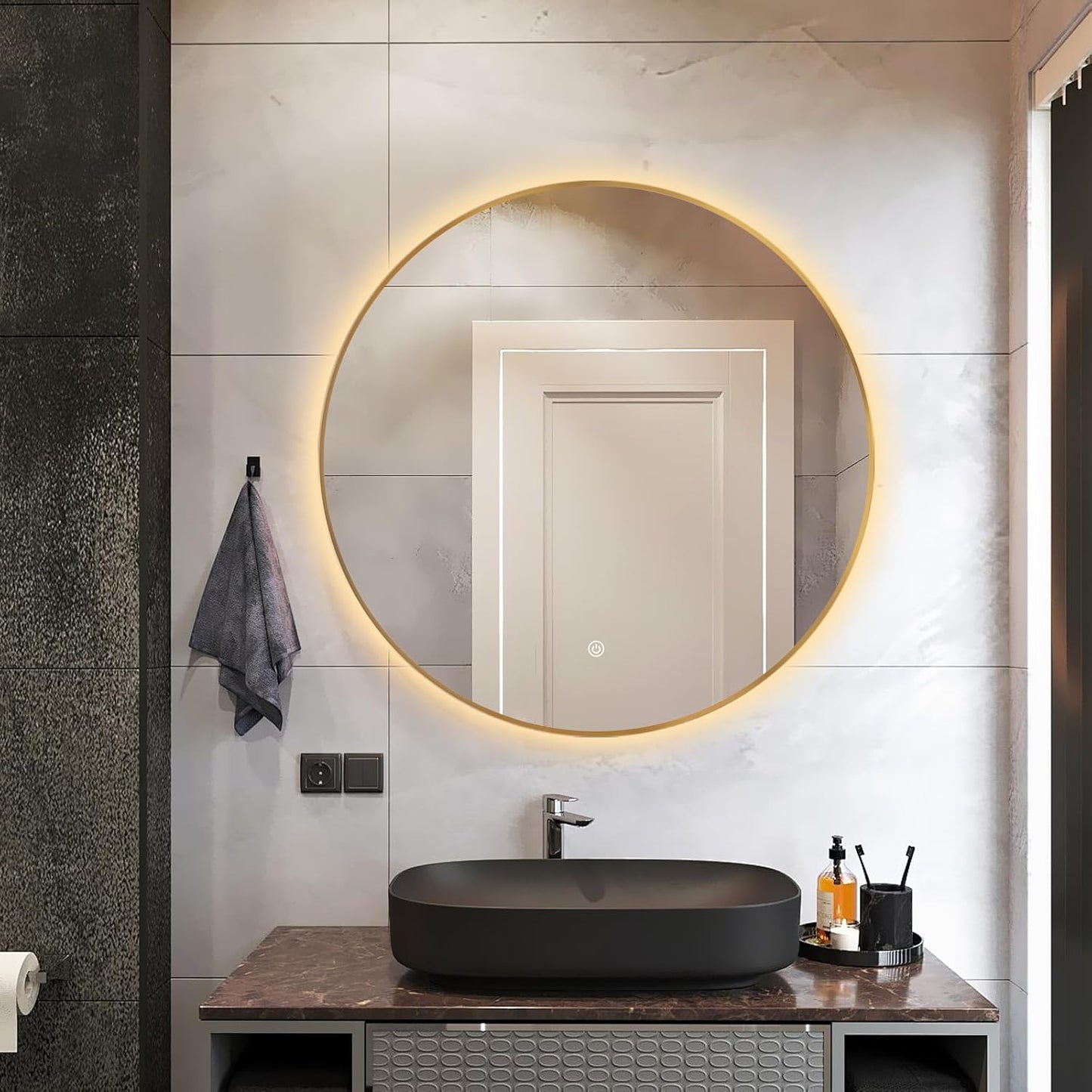 Niccy 30" LED Backlit Round Mirror for Bathroom, Gold Framed Vanity Light Wall Mirror LED Smart Circle Mirrors with 3 Lighting Colors, Dimmable Lighted Mirror with Anti-Fog, IP65 Waterproof