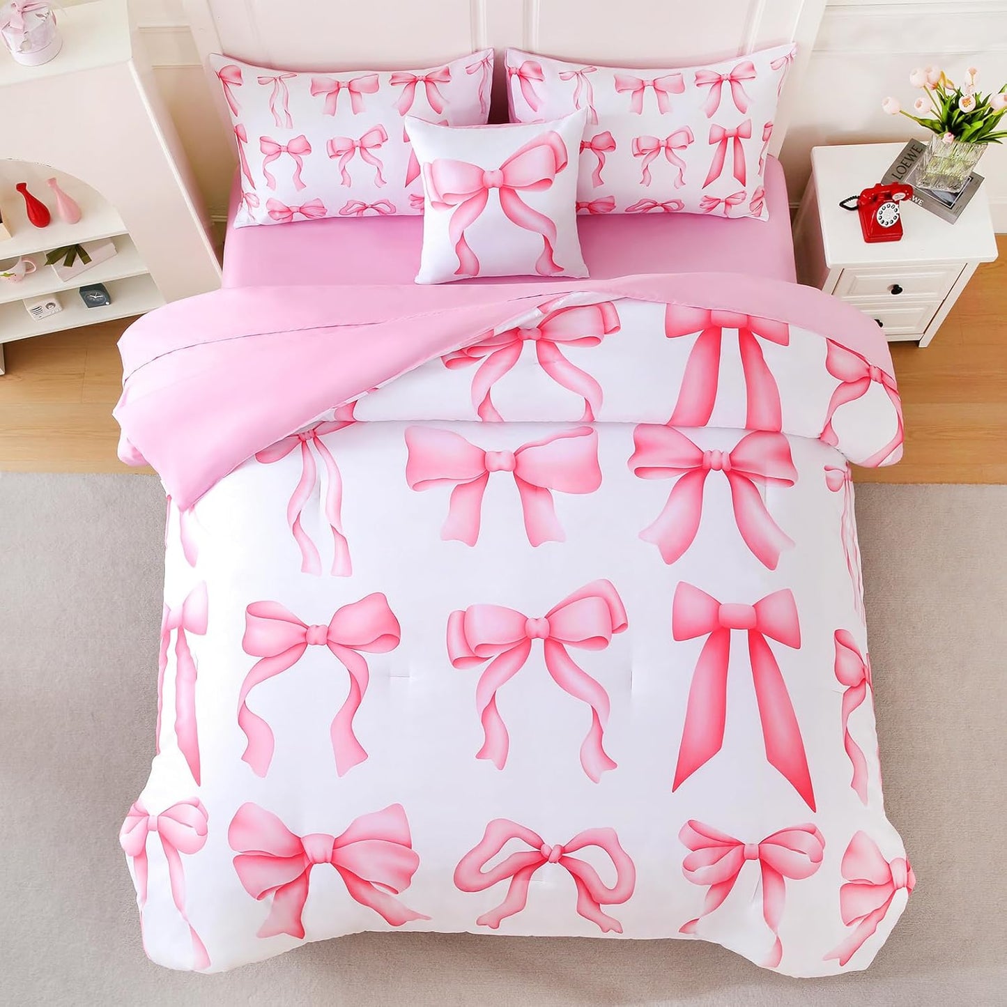6 Pieces Twin Comforter Sets with Sheets Pink Bed in a Bag for Girls,Bow Comforter Set,Bow Twin Bedding Sets for Kids