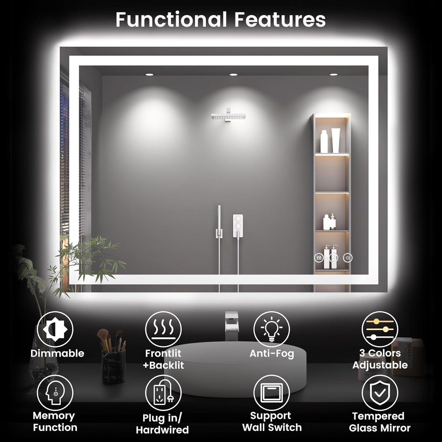 40X30 LED Bathroom Mirror with Lights, Anti-Fog, Backlit + Front Lit, Lighted Bathroom Vanity Mirror for Wall, Memory Function, Dimmable, Tempered Glass, Shatter-Proof, ETL Listed